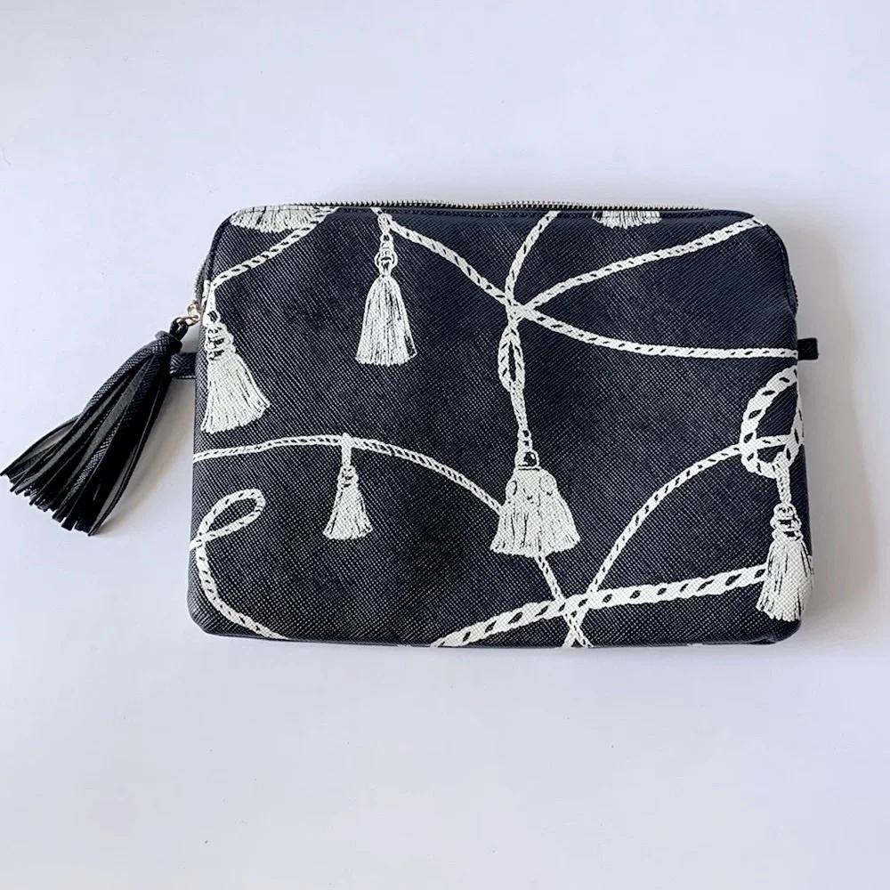 CHICO’S Navy Blue Textured Tassel Travel Makeup Bag